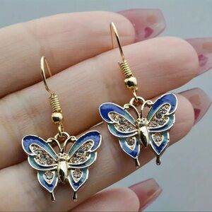 Exquisite Blue Enamel Butterfly Design Shiny Zircon Decor Dangle Earrings